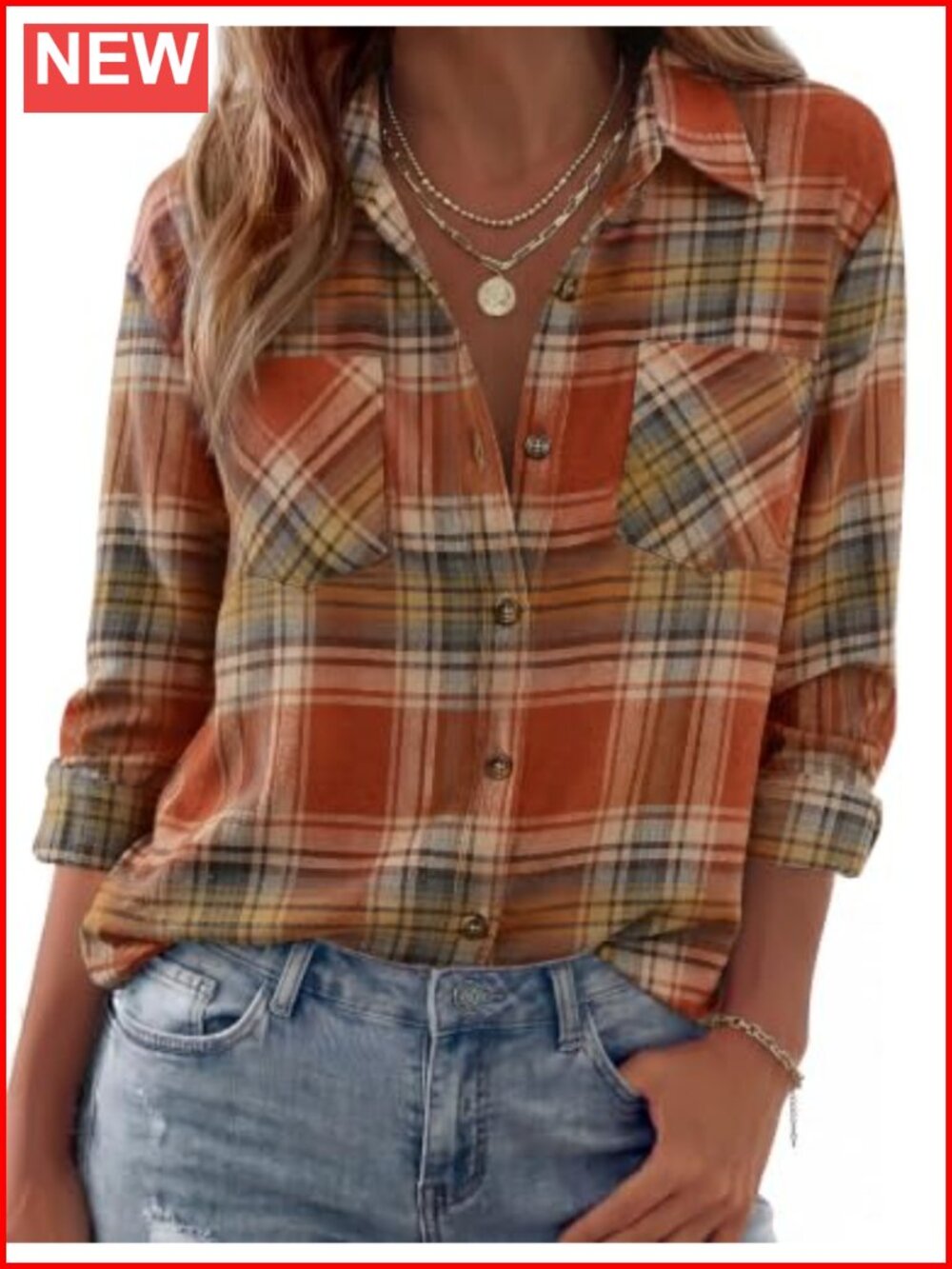 Women's Long Sleeve Flannel Plaid Button Up Shirt Fall Casual